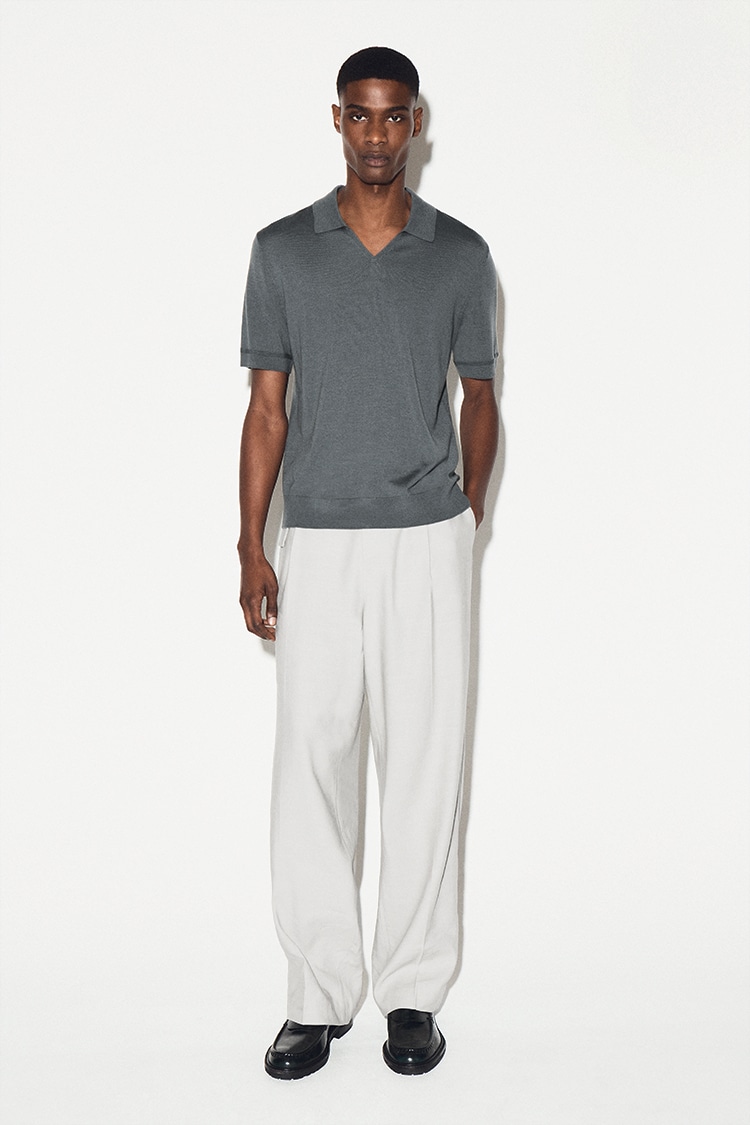 メリノウール オープンカラー スリムポロシャツ